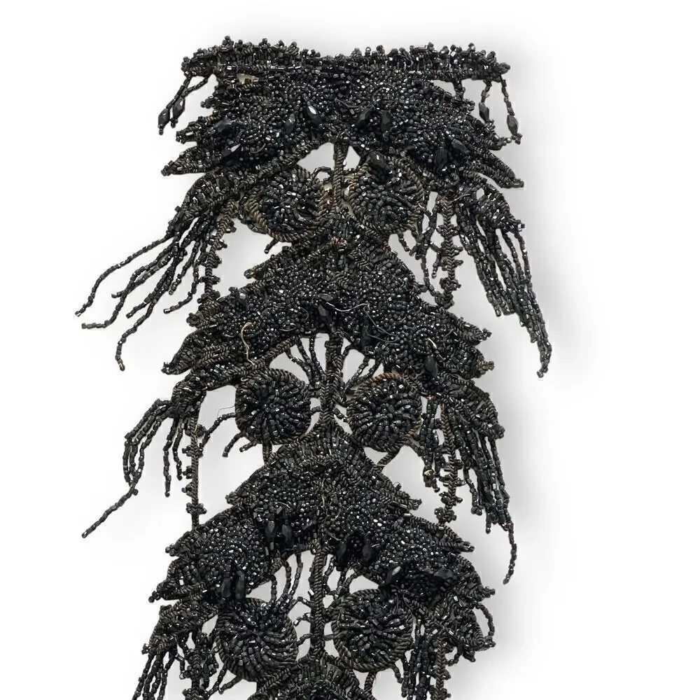 Giant Antique Victorian Jet Mourning Appliqué 33”x 5” Fringe Skirt Delineator
